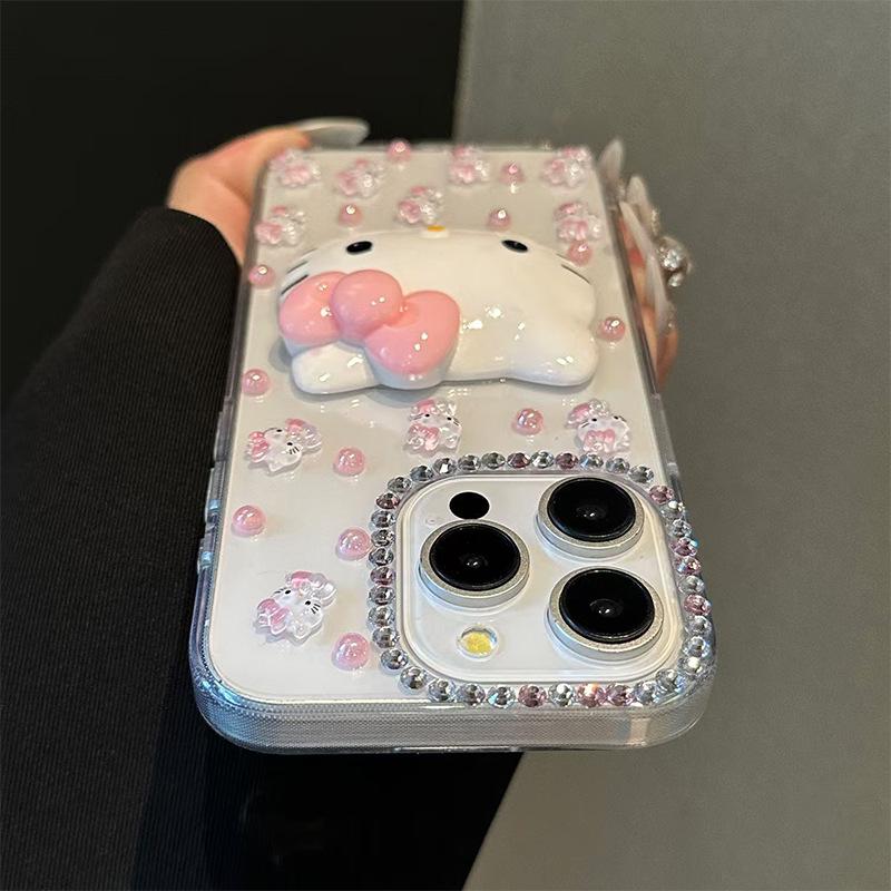 Rhinestone Pink Beads Kt Cat Mobile Phone Case for Iphone15Promax Transparent Iphone16 Acrylic 14