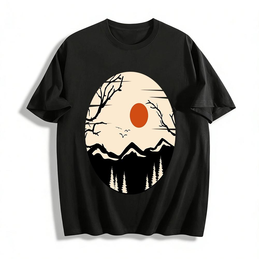 Autumn Winter Mountain Sunset Print Casual Top Pure cotton T-shirt XXS