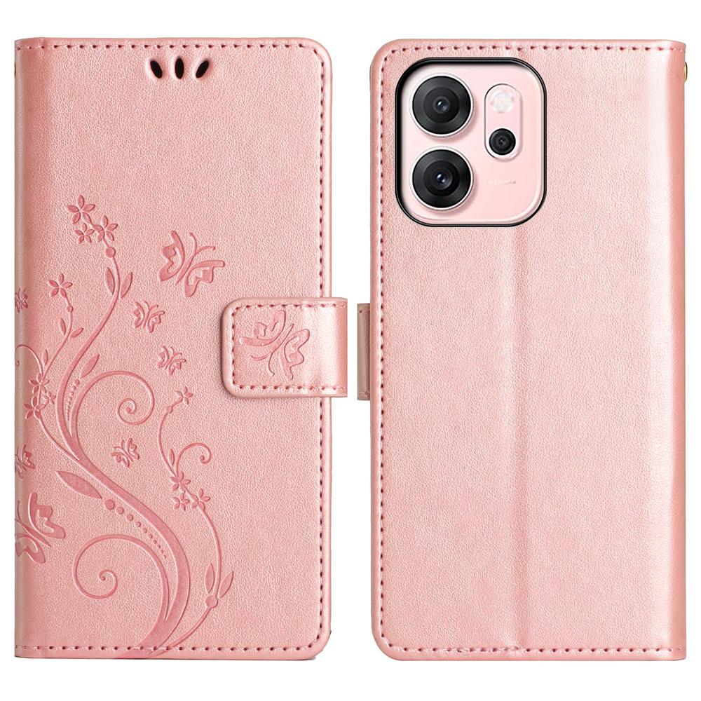 For Oppo Reno14 F 5G Leather Wallet Case Butterfly Flower Imprinted Phone Cover with Strap