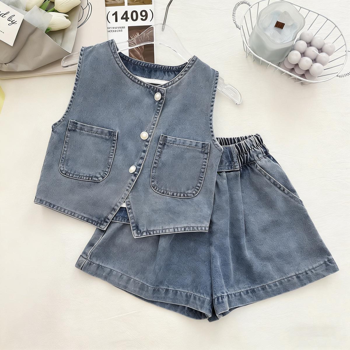 Baby Girls Trendy Sleeveless Denim Vest & Casual Shorts Set - Summer 2026 Collection 150cm