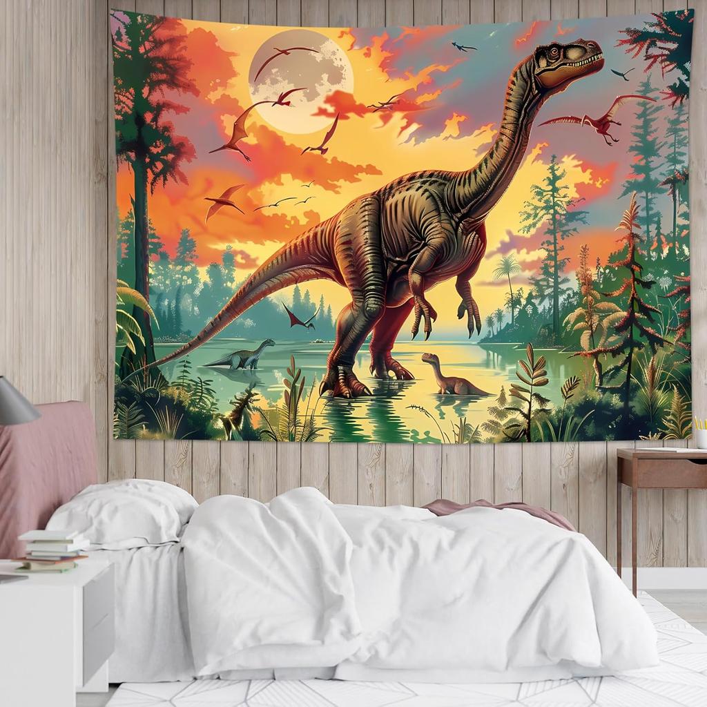 Dinosaur Tapestry Jungle Sunset Wall Hanging Polyester Mesozoic Era Jurassic Tropical Swamp Adventure Room Decor Art Print