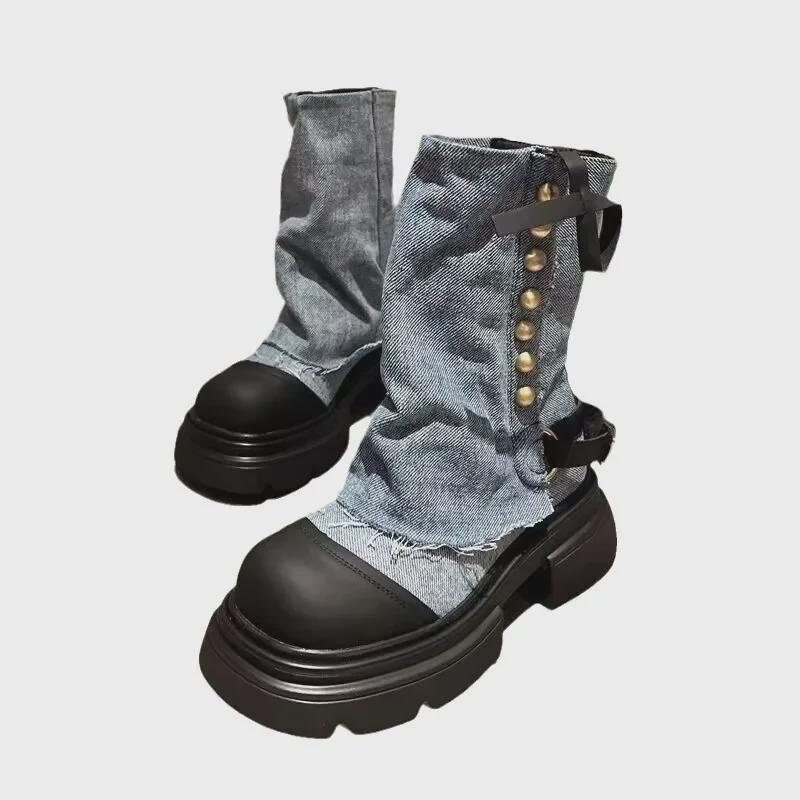 Bottes de cowboy à plateforme pour femme, automne/hiver 2024, style tête de poupée coréenne, bottes cigarette courtes