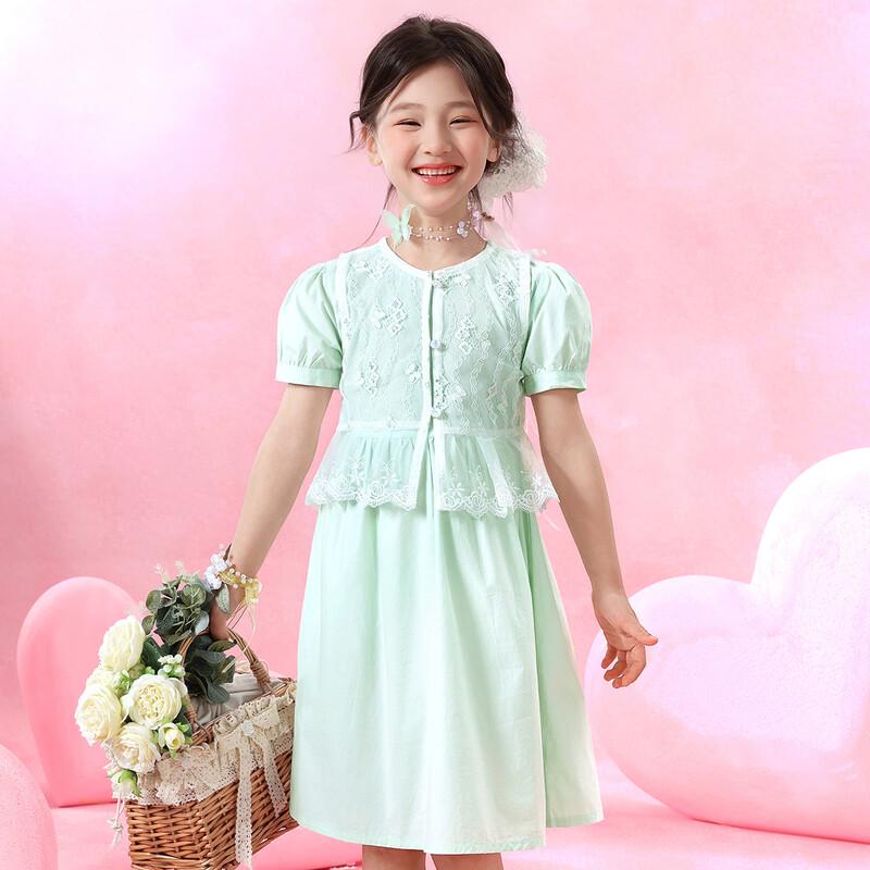Girls Korean Style Lace Vest Dress Set 120 светло-зеленый