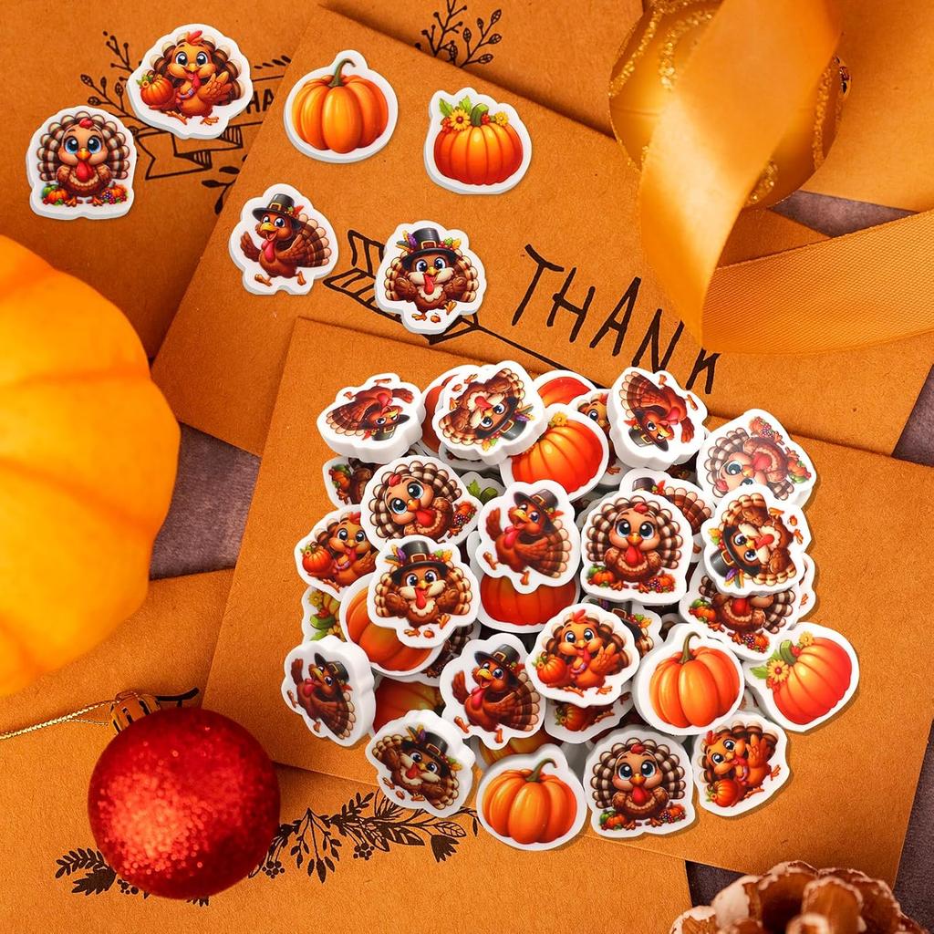 Ceiba Tree 60Pcs Thanksgiving Turkey Mini Erasers for Kids Bulk Pumpkin Pencil Erasers Stationery for Kids Student Classroom Prizes Homework Rewards
