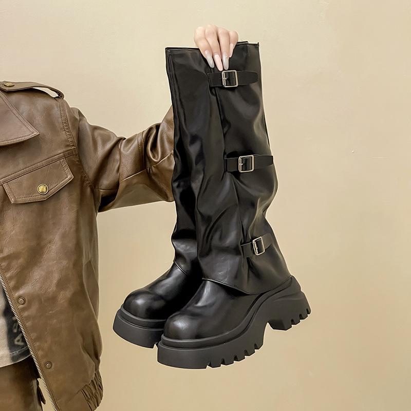 Fashion platform boots women's autumn and winter new retro British style thick heel locomotive cool knight boots trouser boots