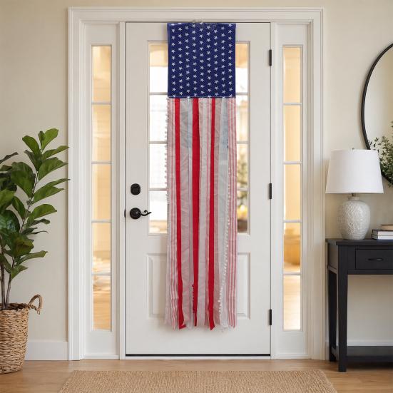 Patriotic Decorations Wreath & Flag Banner, 3D Star Hanging Ornaments for Front Door, Weatherproof Porch Hanging, Outdoor Wall Sign for Independence
