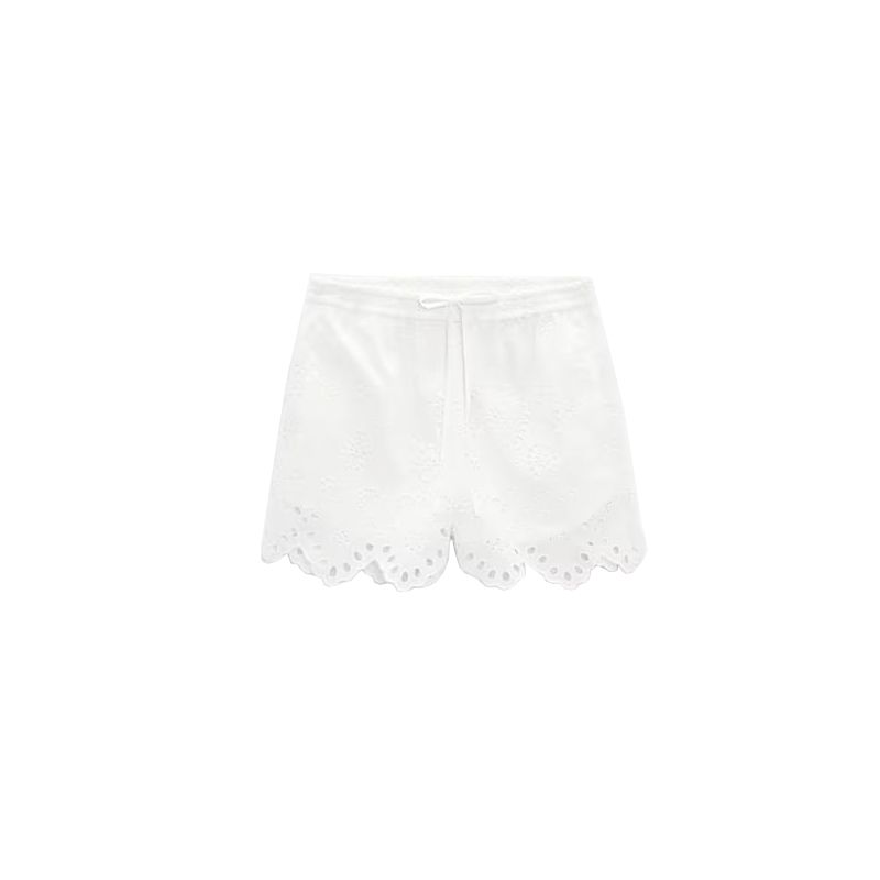 Spring New Polo Collar Short Sleeve Cut Out Embroider Shirt 7578101 White High-Waist Shorts 7575019