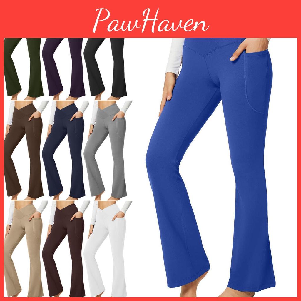 Women Leggings Fashion Solid Fitness High Elastic Waist Pocket Sexy Slim Flared Pants Lady Sport Workout Streetwear Pants