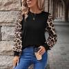 Damen T-Shirt Tops im Herbst und Winter Neu Leopardendruck Locker Langärmlig Rundhals Gespleißtes T-Shirt Vielseitige Tops