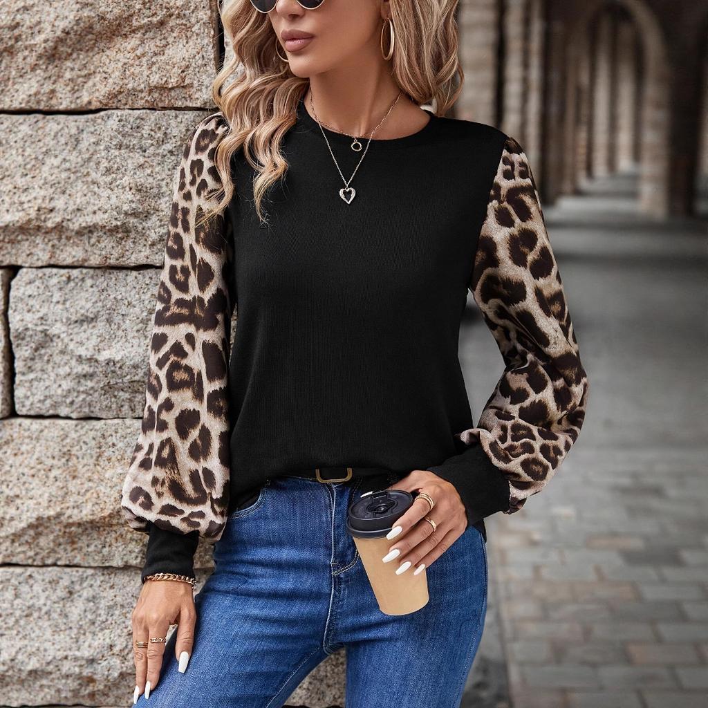 Damen T-Shirt Tops im Herbst und Winter Neu Leopardendruck Locker Langärmlig Rundhals Gespleißtes T-Shirt Vielseitige Tops