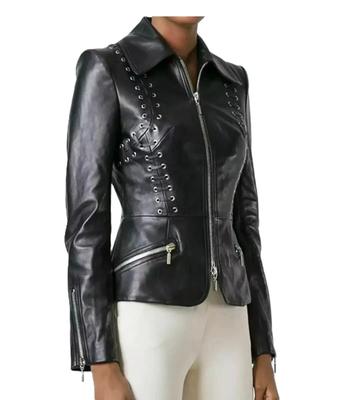 Echte stylische Damen Motorradjacke aus schwarzem Lammleder mit Schnürung und Reißverschluss