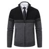 Men's Autumn and Winter Sweater Thick Fleece Warm Sweater Casual Stand Collar Zipper Cardigan Fashion Striped Coat