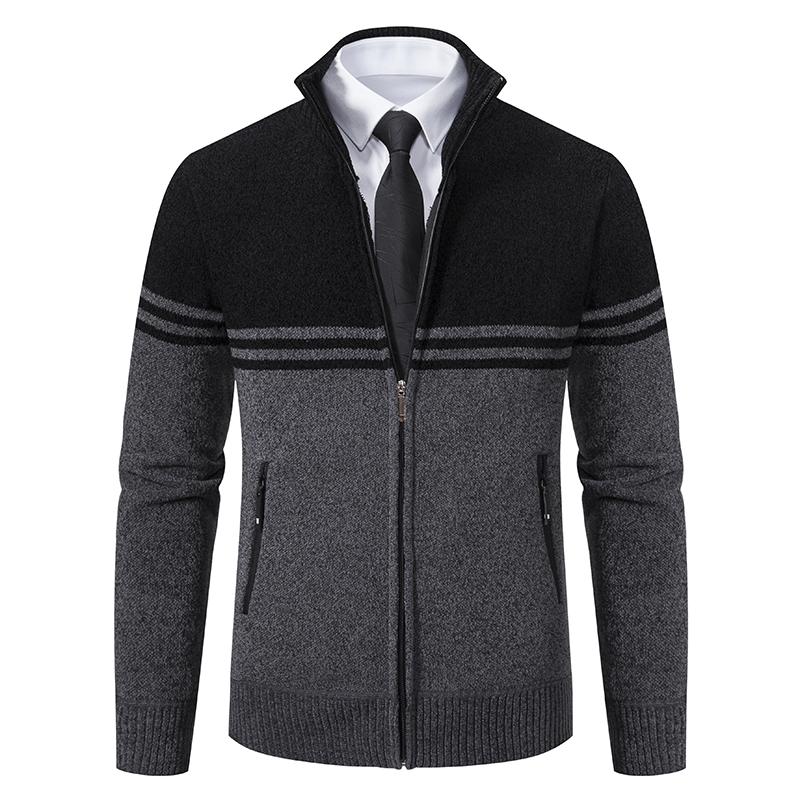Men's Autumn and Winter Sweater Thick Fleece Warm Sweater Casual Stand Collar Zipper Cardigan Fashion Striped Coat