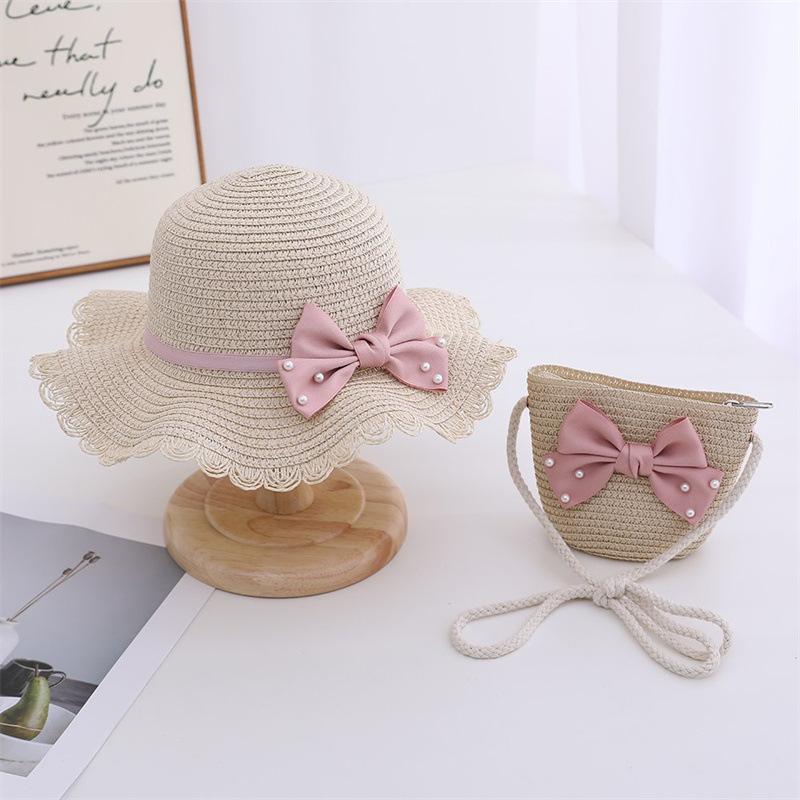 3-8 Years Little Girl Beach Straw Hat And Bag 2pcs Set Summer Travel Princess Bowknot Children's Sun Cap