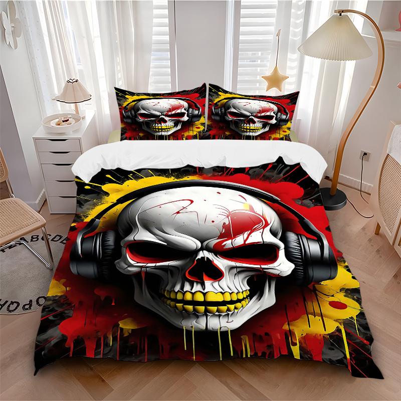 3pcs Headphones of Death Pattern Bedding Three-Piece Set (1 Cover + 2 Pillowcases, No Fillings), This Printed Bedding Set Is