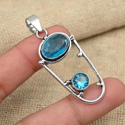 Blauer Topas-Edelstein, 925er-Sterlingsilber, handgefertigt, wunderbarer Anhänger-Schmuck
