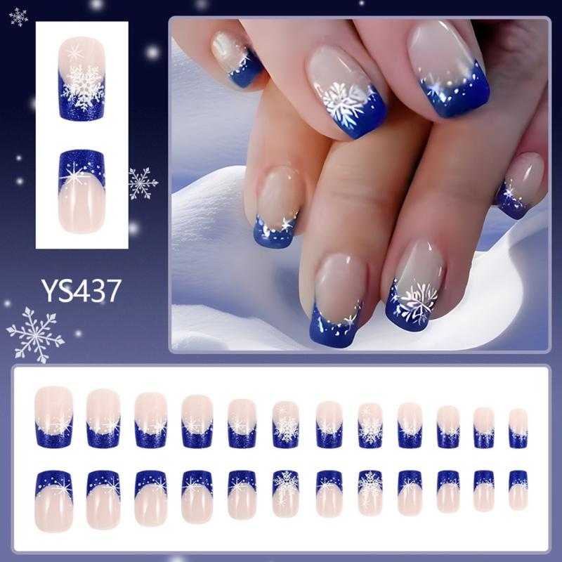 Winter Christmas Short Square False Nails Set with Snowflake Full Cover Glossy Finish Manicure Nail Decoration 24Pcs