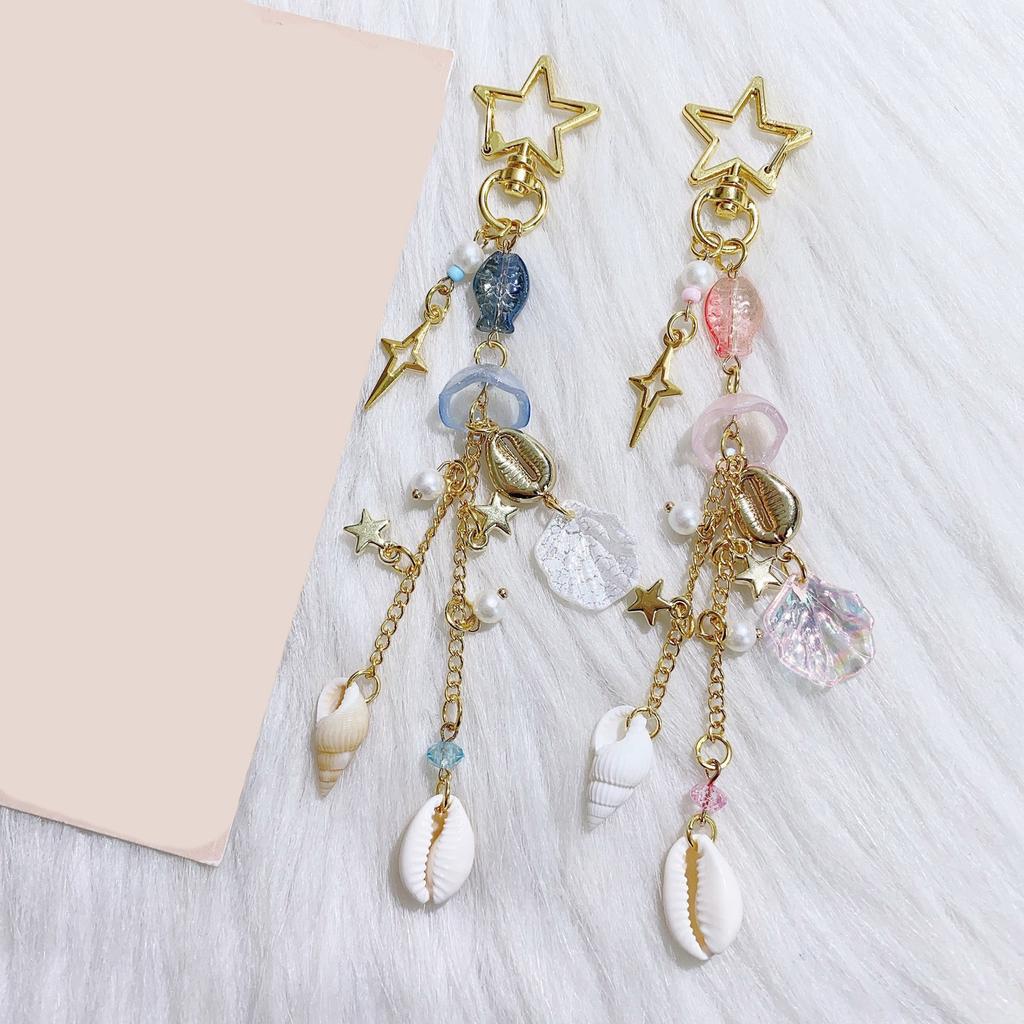 Shellfish Fish and Jellyfish Shell Key Chain Beaded Pendant for Phone and Camera Cases Stylish Bag Accessory for Women
