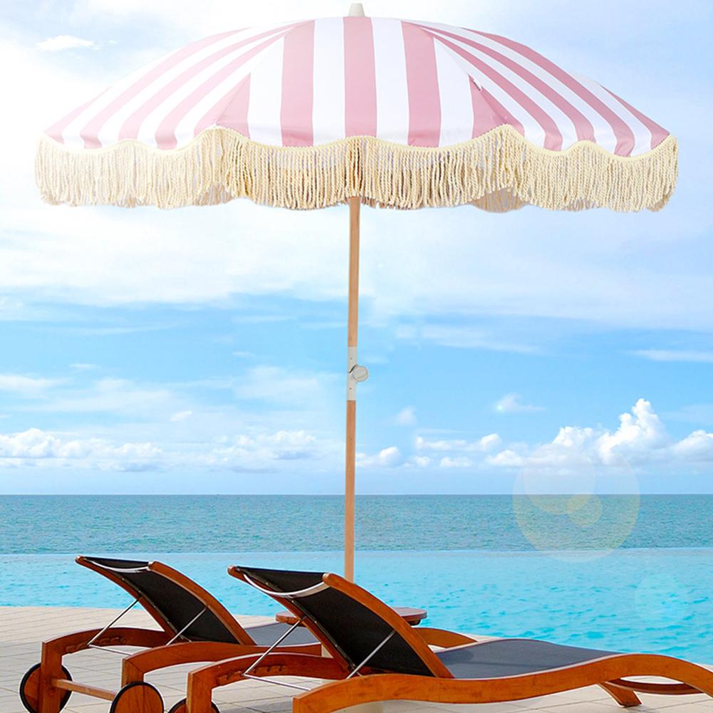 Striped Patio Bohemian Tassel Beach Umbrella Striped with Fringe UPF50+ Tilt Pole Portable Sunshade for Pool Garden Backyard