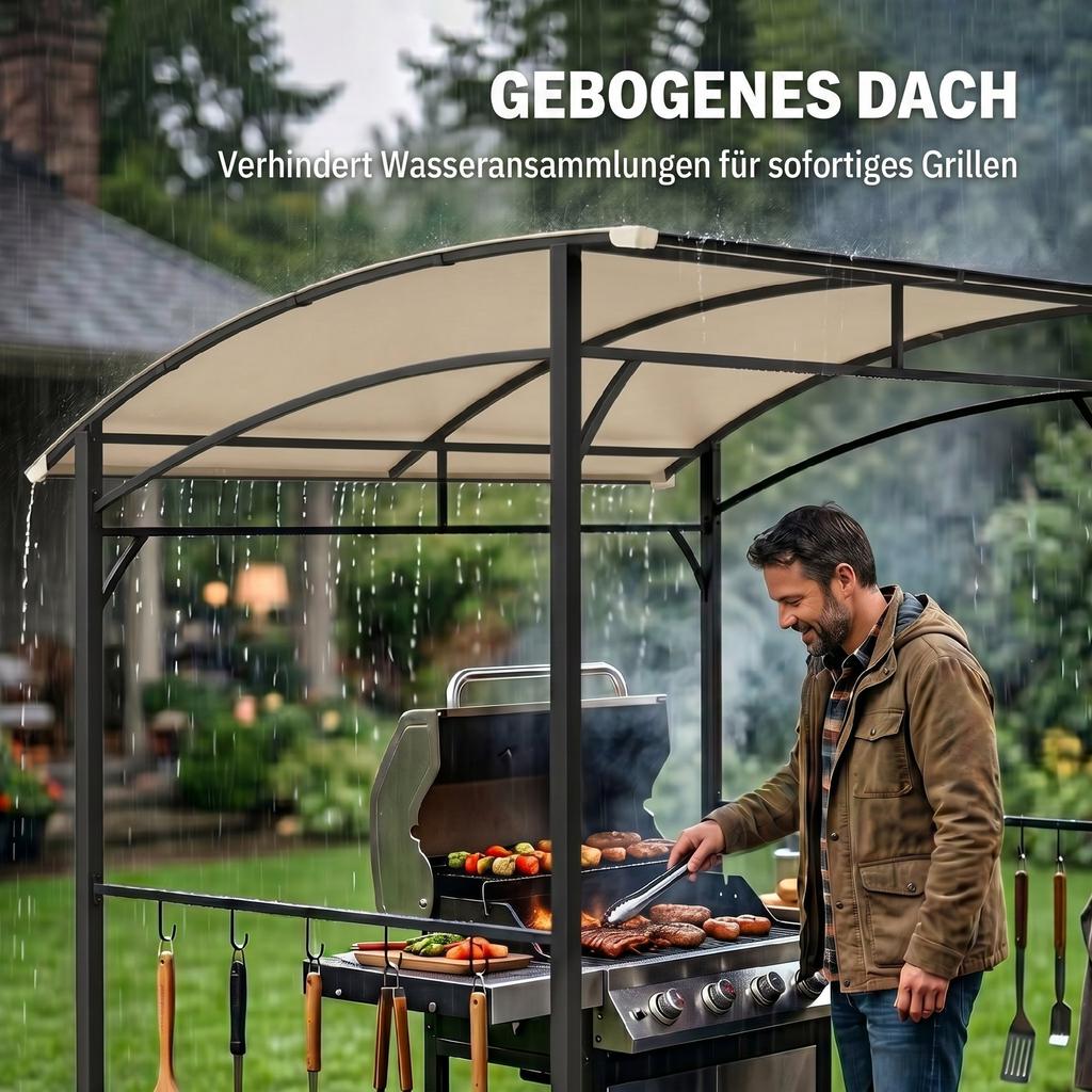 2.2 X 1.5 M BBQ Grill Gazebo Tent, Garden Grill with Metal Frame, Curved Canopy and 10 Hooks, Outdoor Sun Shade, Beige