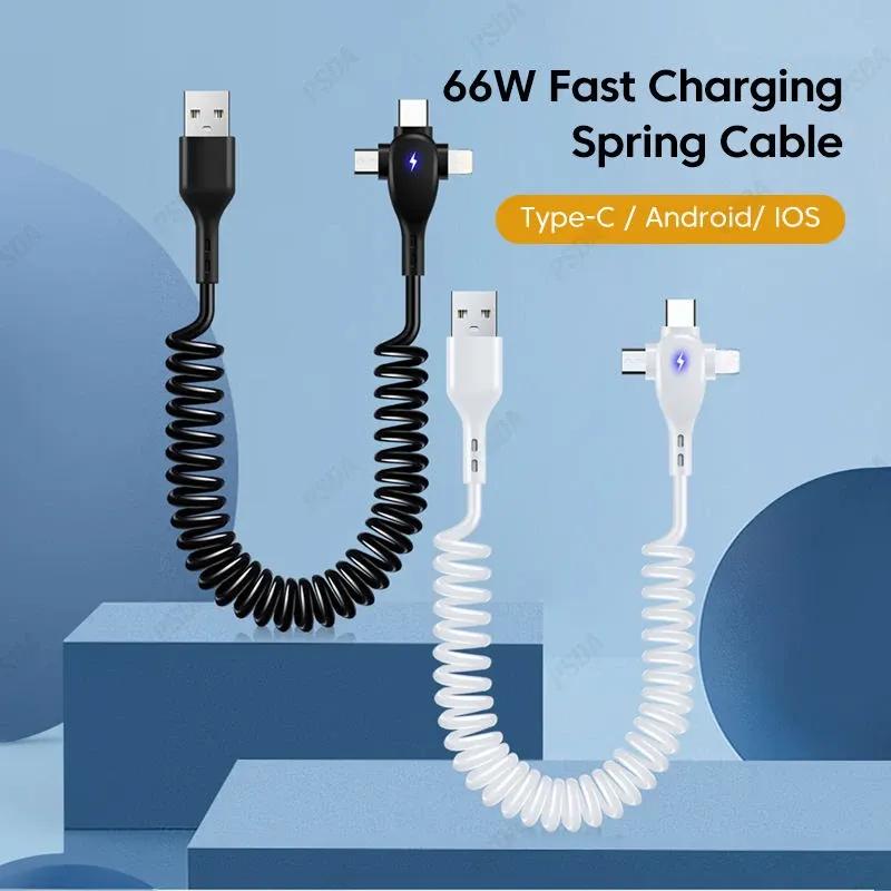 3 in 1 66W 6A Fast Charging USB Type C Cable Micro USB Spring Car Charger For iPhone Xiaomi  Samsung Phone Charger Cord