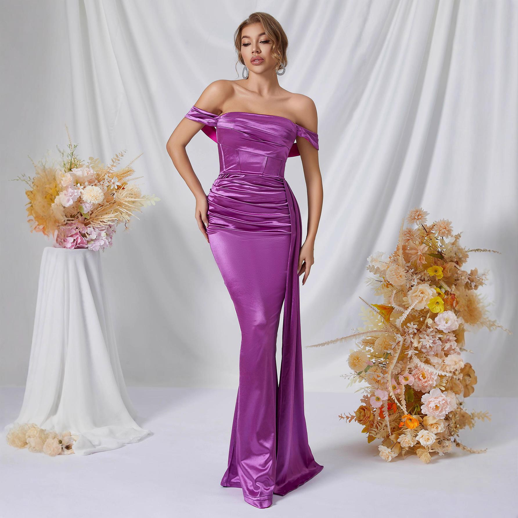 European and American high-end purple satin dress, one-word shoulder off-the-shoulder design slim fishtail dance dress S фиолетовый