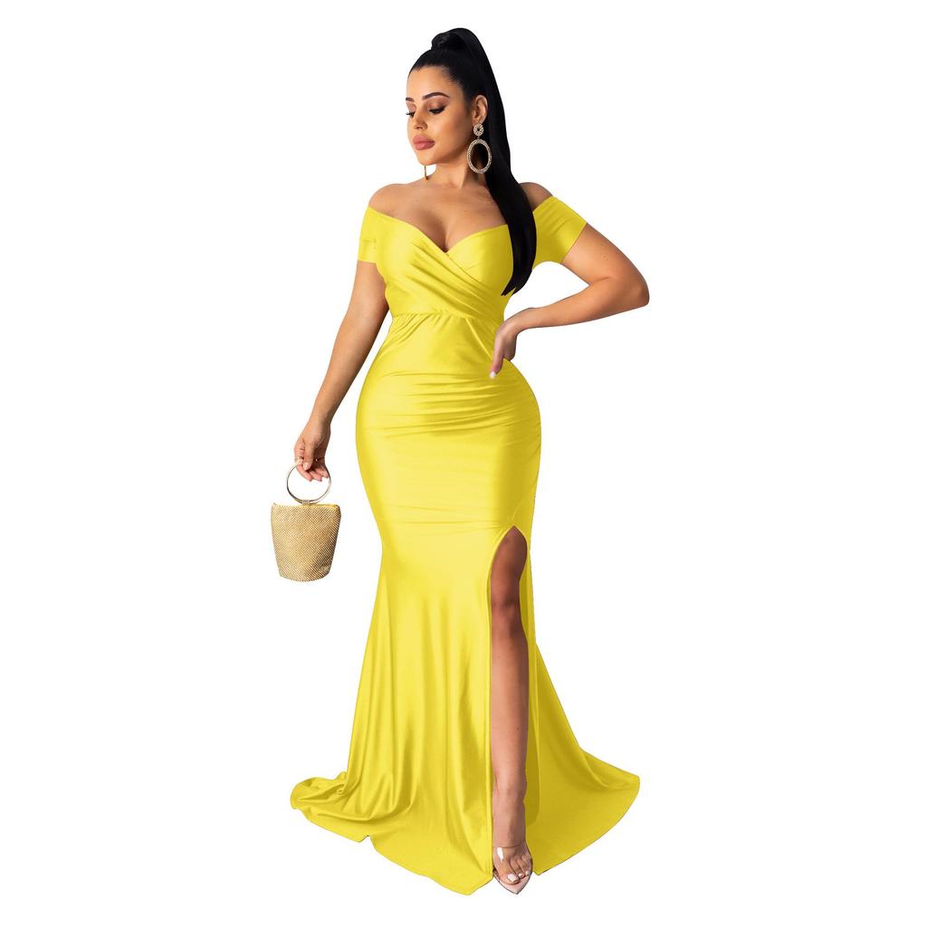 AL243 European and American Women's Sexy V-neck Evening Dress - High Slit, Solid Color, Short Sleeve for Spring/Summer