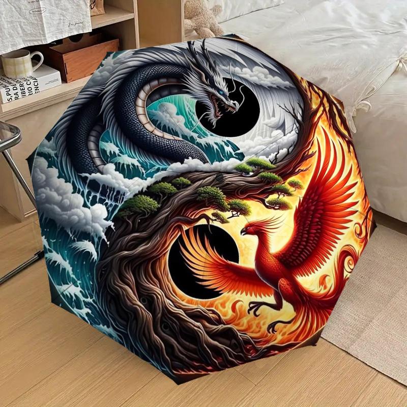 1pc Yin Yang Dragon Phoenix Symbol Umbrella with Plastic Handle,Suitable for All Seasons Home Travel Outdoor UmbrellaDD361