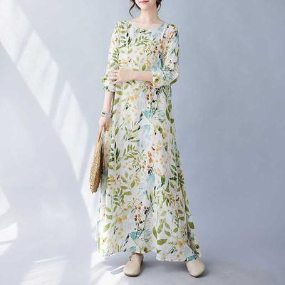 Real Early Autumn New Color Vacation Style Travel Round Neck Retro Long Dress Covering Meat Cotton and Linen Dress