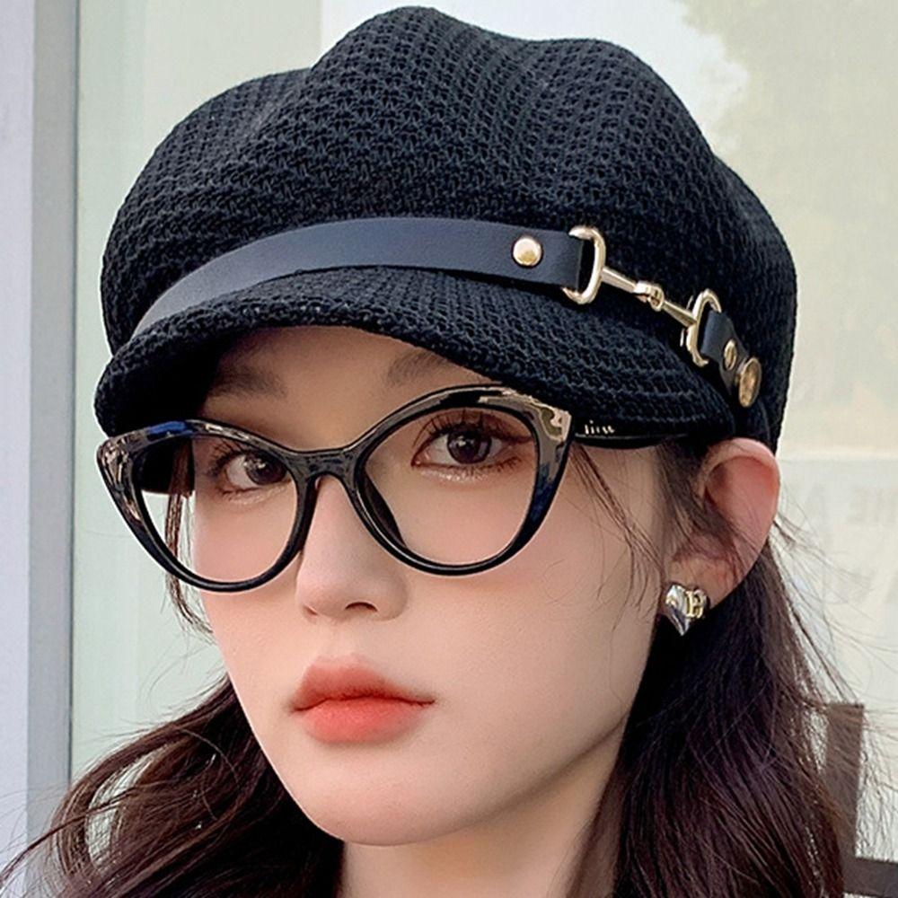 PU Octagonal Hat Korean Style Painter Hat Breathable Hollow Weave Beret  Outdoor