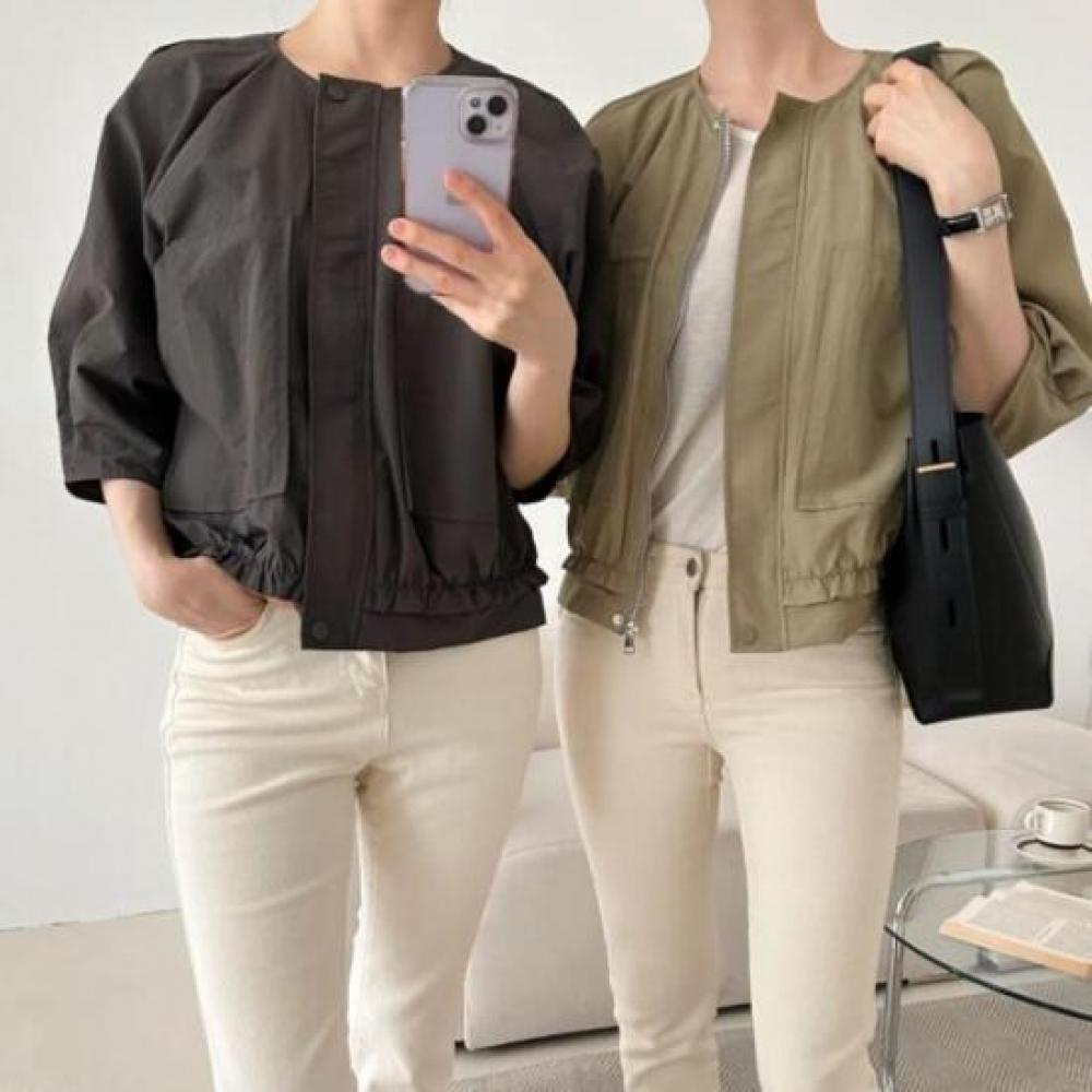 New Arrivals Open Run Women Pintuck Shirring Round Neck Short Sleeve Anorak