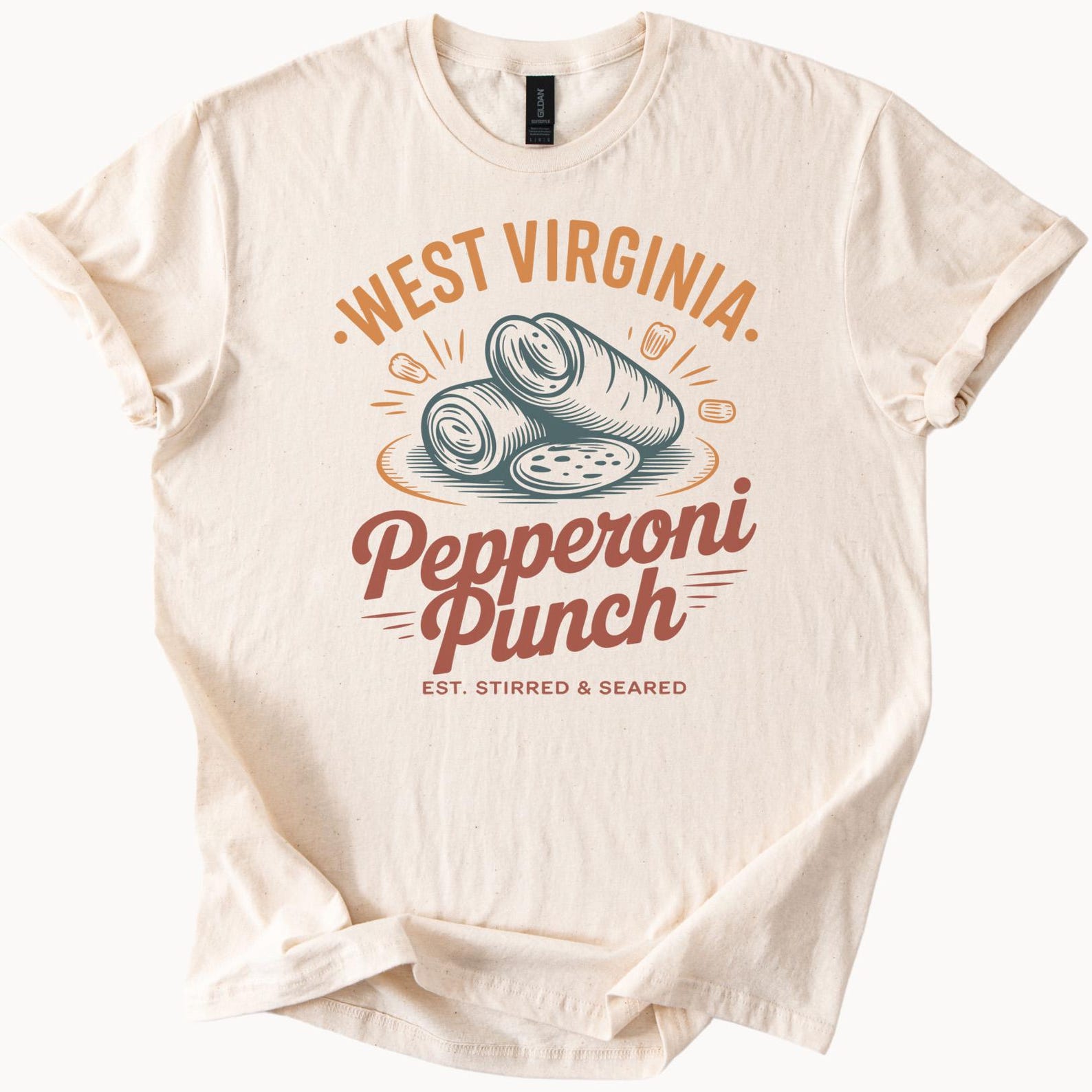West Virginia Pepperoni Punch Graphic T Shirt Food Lover Tee Unique Seared Pepperoni Roll Design West Virginia Gift Shirt 100