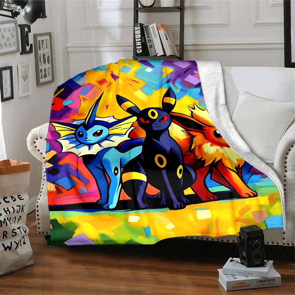 1Pc Eevee Evolution Artwork Flannel Blanket, Soft And Comfortable, Casual Warm, Camping Travel, Christmas, Halloween Xmas Gift. G135