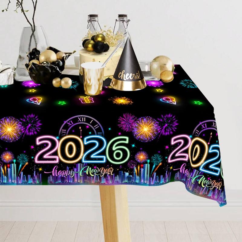 Black Gold New Year Disposable Tablecloth Happy New Year Party Decorations for Home 2026 Kitchen Dinning Plastic Table Cover