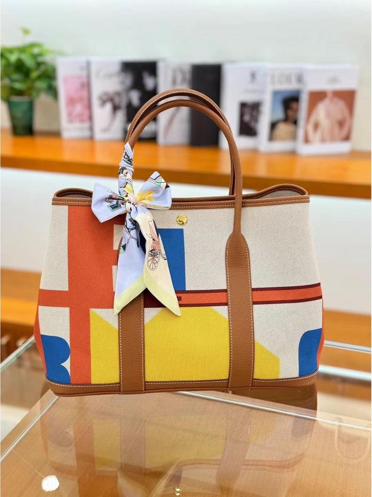 Women's Genuine Leather Garden Tote - 2025 Canvas & Cowhide, Large Capacity, Contrast Color Shoulder Bag