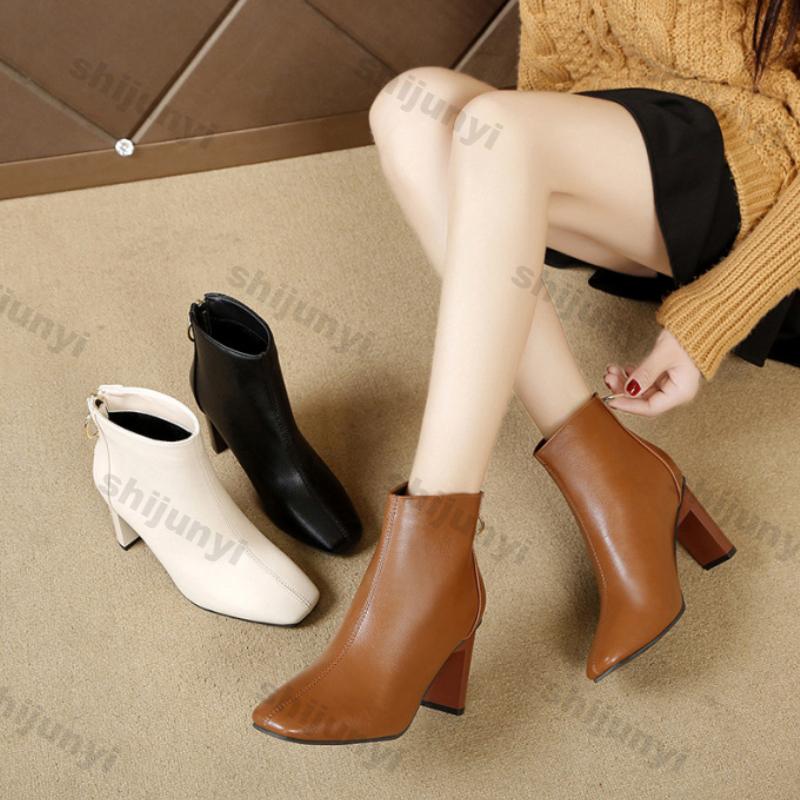 Thick Heel Black Short Leather Boots for Women New Autumn Winter High-heeled Women Square Toe Thick Heel Back Zipper Single Boot