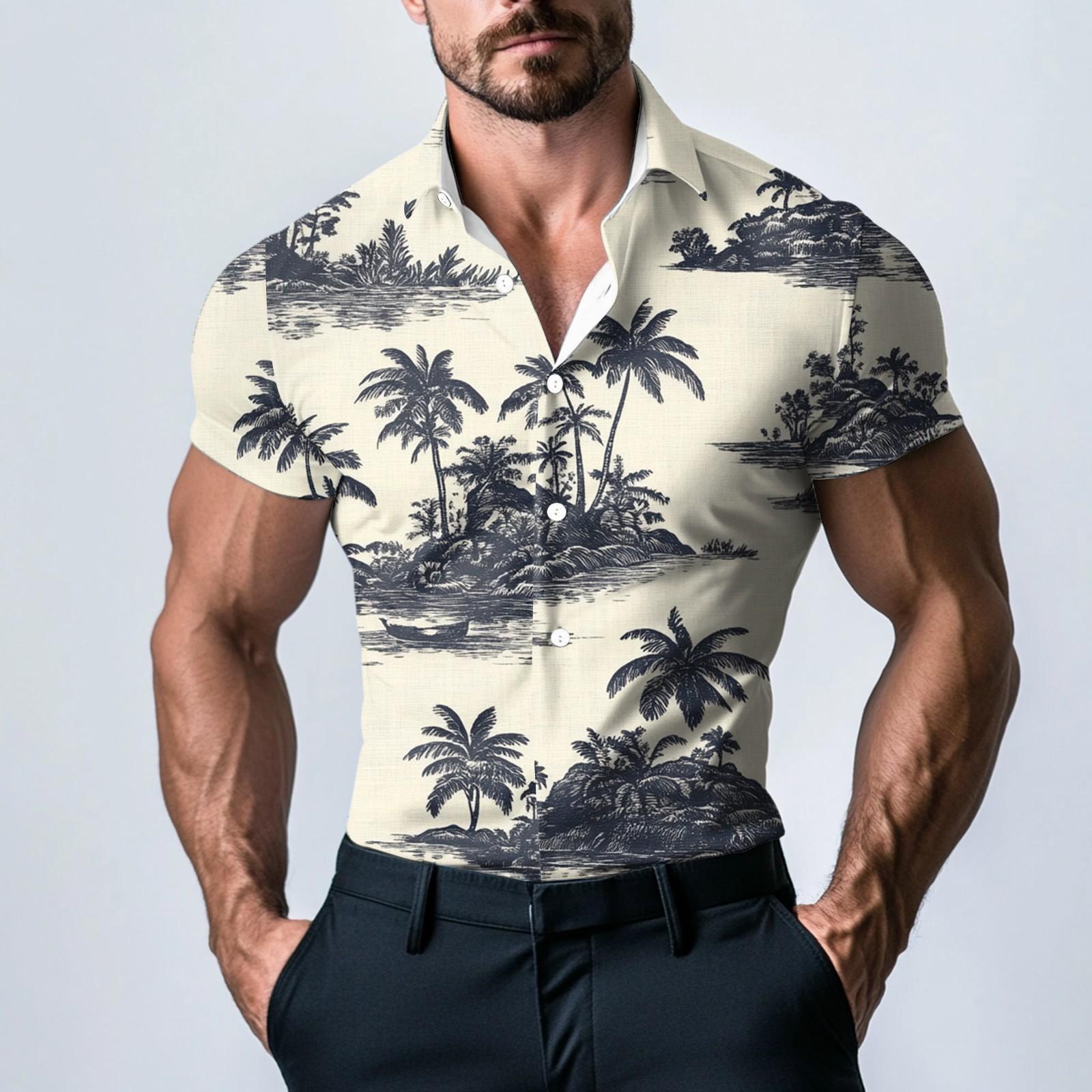 

Мужская модная атласная рубашка с коротким рукавом с принтом M бежевый