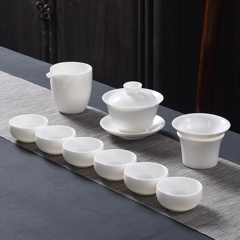 Suet Jade White Porcelain Tea Set Custom Set Kung Fu Tea Cup Household Living Room Dehua Tea Ceramic Cover Bowl