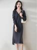 2025 Herbst/Winter Damen Woll V-Ausschnitt Knielanges Pulloverkleid mit Schlitz