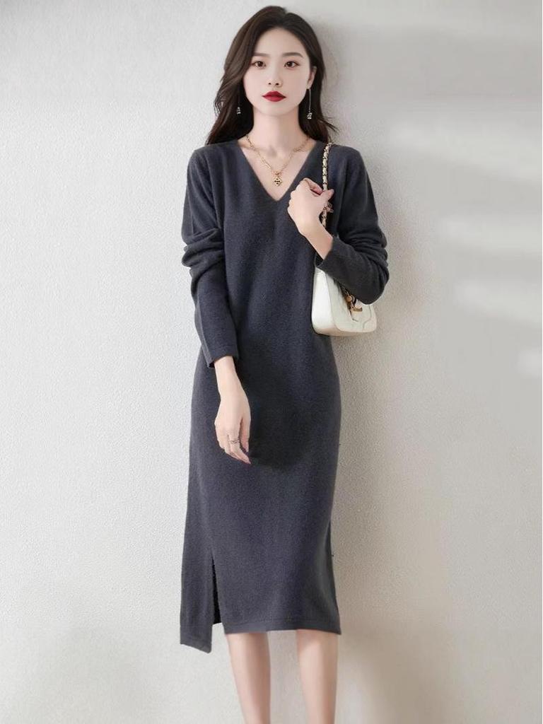 2025 Herbst/Winter Damen Woll V-Ausschnitt Knielanges Pulloverkleid mit Schlitz