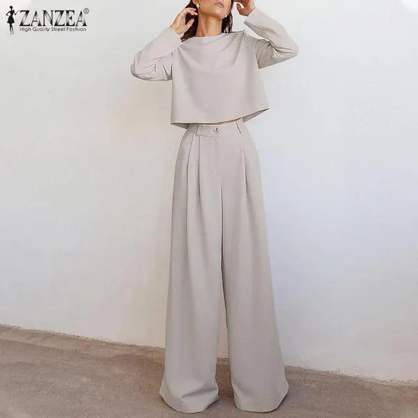 Podzimní a zimní evropský americký dámský volný jednobarevný ležérní dvoudílný set s dlouhým rukávem a širokými nohavicemi