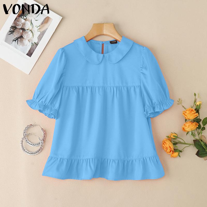 VONDA Women Lapel Neck Blouse Short Sleeve Ruffled Casual Summer Tops