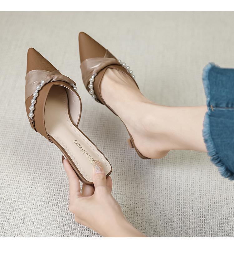 Huiliya Baotou Pointed Toe Women's Pearl Chunky Heel Mules 912-D86