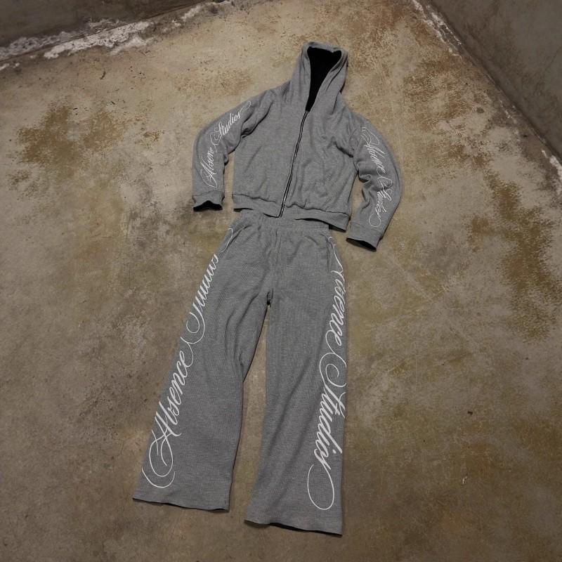 Unisex Oversized Hooded Zip-Up Sweatshirt Pants Set With Letter Print Streetwear