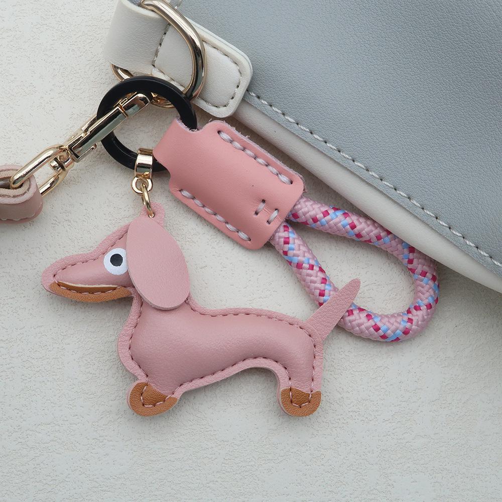 Mini Dachshund Cowhide Keychain: High-Quality Anti-Lost Lanyard with Cute Doll Pendant