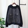 Autumn and winter new hooded splicing denim sweater jacket zipper knitted double-sided cardigan women