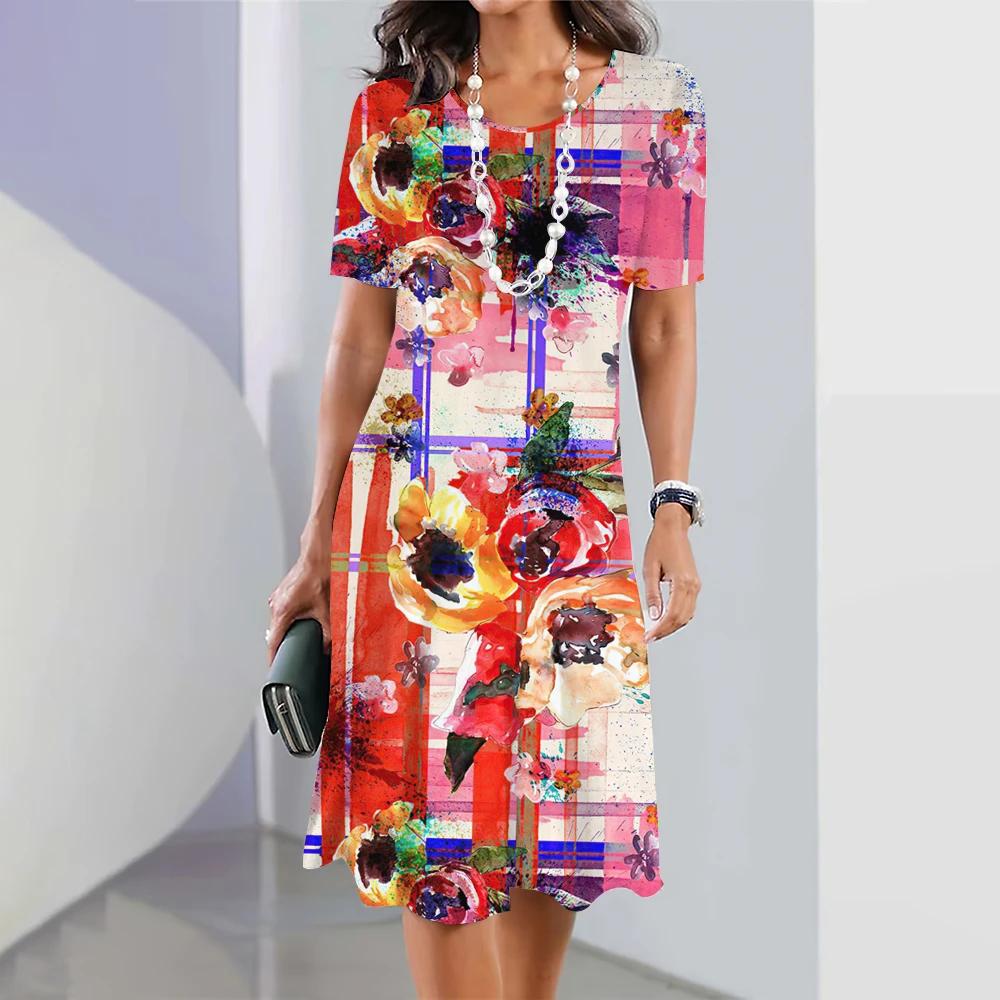 Letnia Sukienka Damska Trapezowa z Krótkim Rękawem Damska Klasyczna Retro Nadruk Casual Dekolt Okrągły Pulower Luźna Sukienka