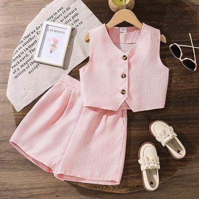 Children's Fashion Sleeveless Vest and Shorts Set, Autumn Girls' Casual Casual Suit