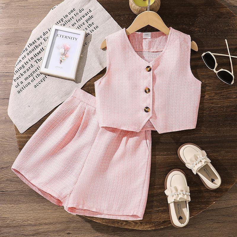 Детская мода, комплект безрукавки и шорт, осенний повседневный костюм для девочек 130cm=8Y розовый