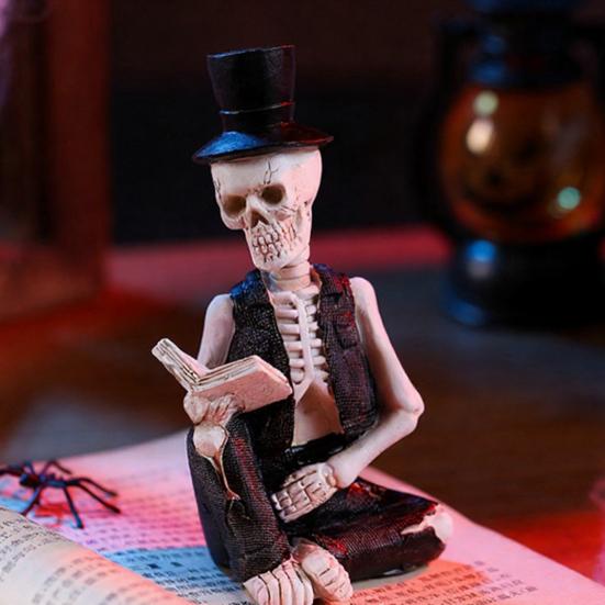 Small Reading Gentleman Skull Figurine Halloween Sitting Skeleton Statue with Top Hat And Suit for Gothic Living Room Table Shelf Indoor Decor